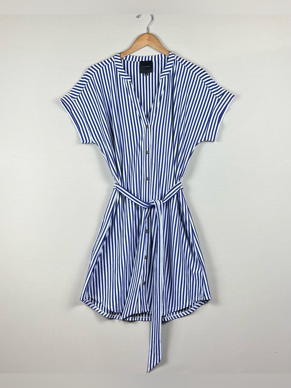Alex Marie Women’s L Blue White Stripe Belted Shirt Dress Button Front